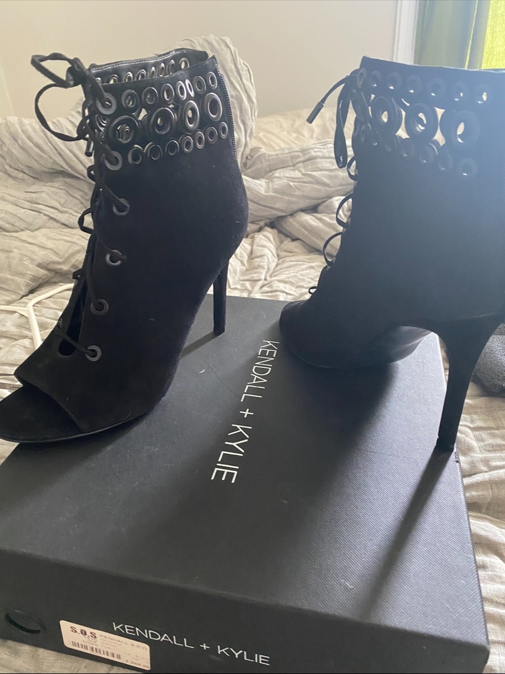 Kendall & Kylie Black Lace-Up Grommet Peep-Toe Stiletto Ankle Boots